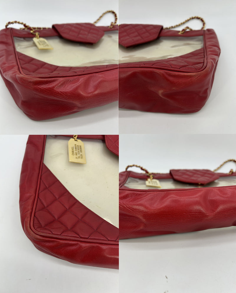 Chanel Vintage Red Leather Clear PVC Shoulder Bag Tote c1990s