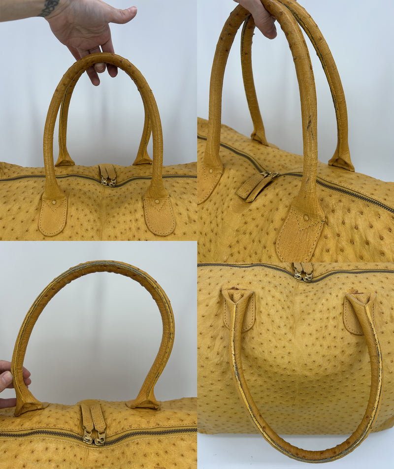 Vintage Gold Pfeil Mustard Tan Ostrich Leather Duffel Travel Bag Tote c1980s