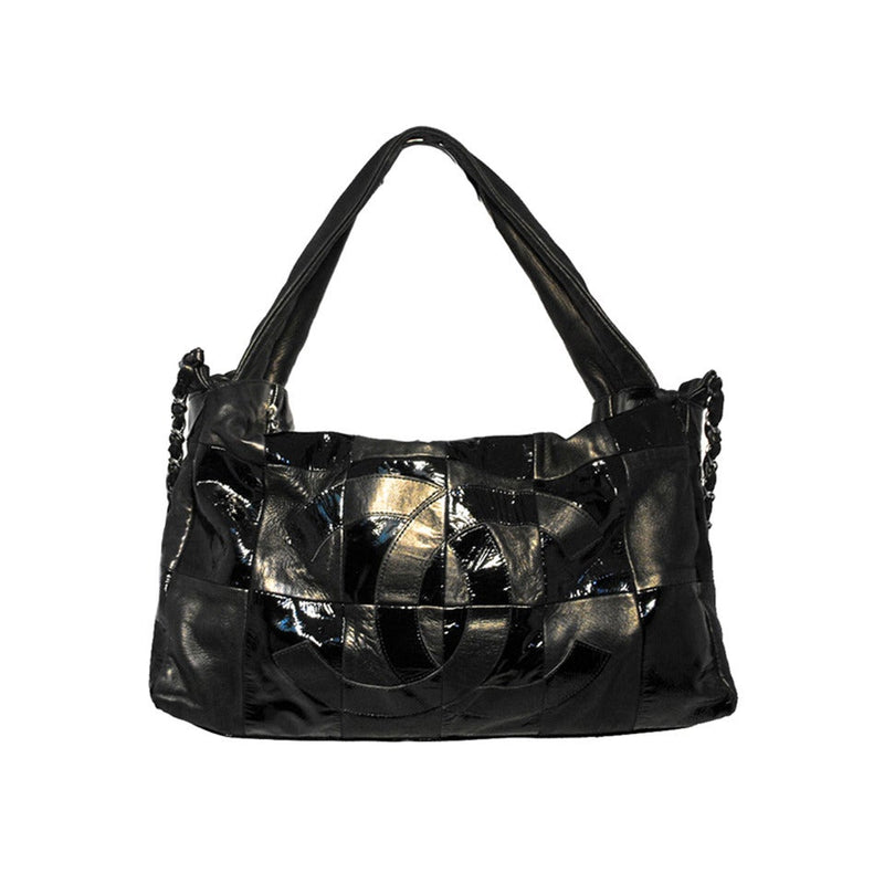 Chanel Womens Leather Trim Quilted Nylon Hobo Shoulder Bag Handbag Black