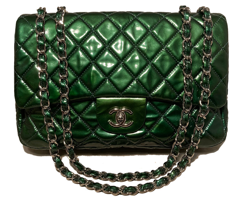 RARE Chanel Metallic Green Patent Leather Jumbo Classic Flap