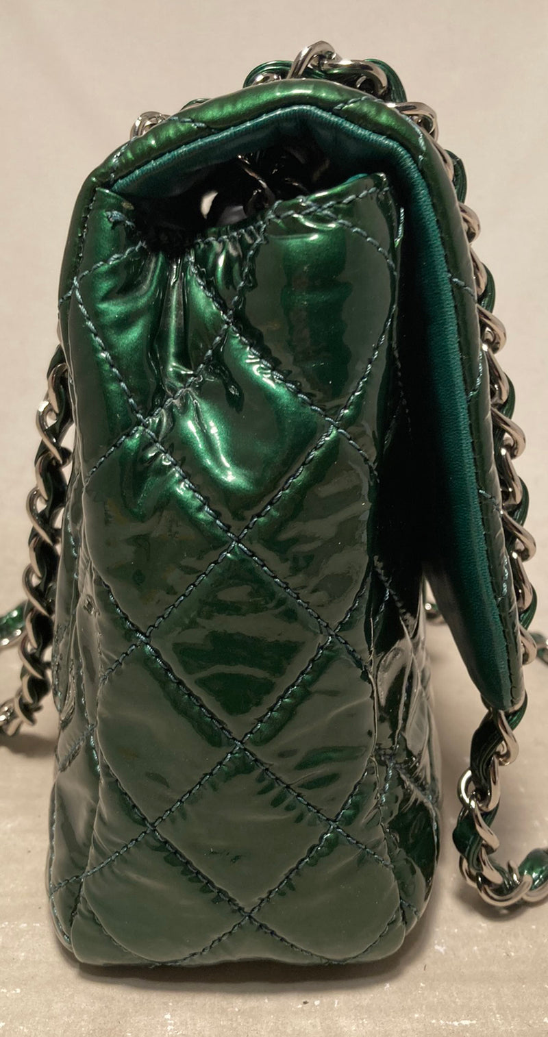 RARE Chanel Metallic Green Patent Leather Jumbo Classic Flap