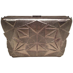 Tonya Hawkes Silver Metallic Embossed and Laser Cut Leather Convertible Clutch