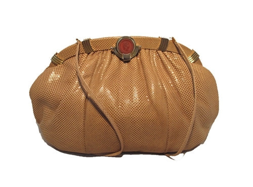 Judith Leiber Tan Lizard Oversized Vintage Clutch With Red Cameo