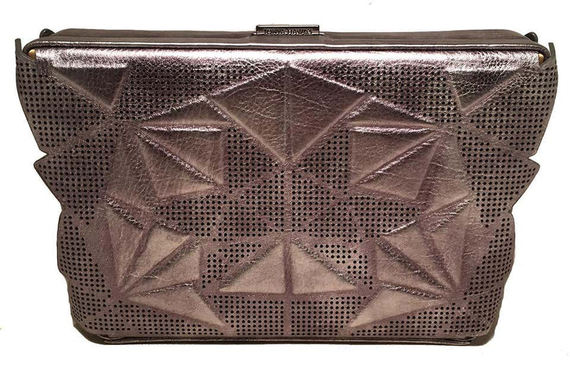 Tonya Hawkes Silver Metallic Embossed and Laser Cut Leather Convertible Clutch