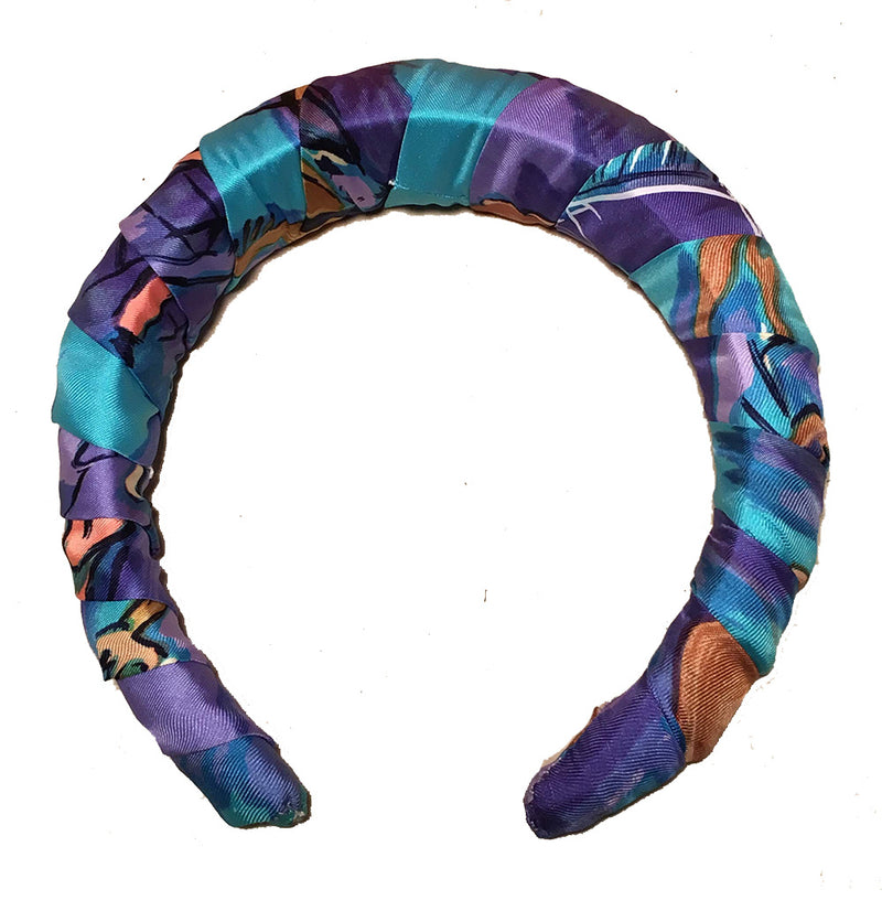 Hermes Handmade Vintage Blue Concerto Silk Scarf Wrapped Padded Headband Crown
