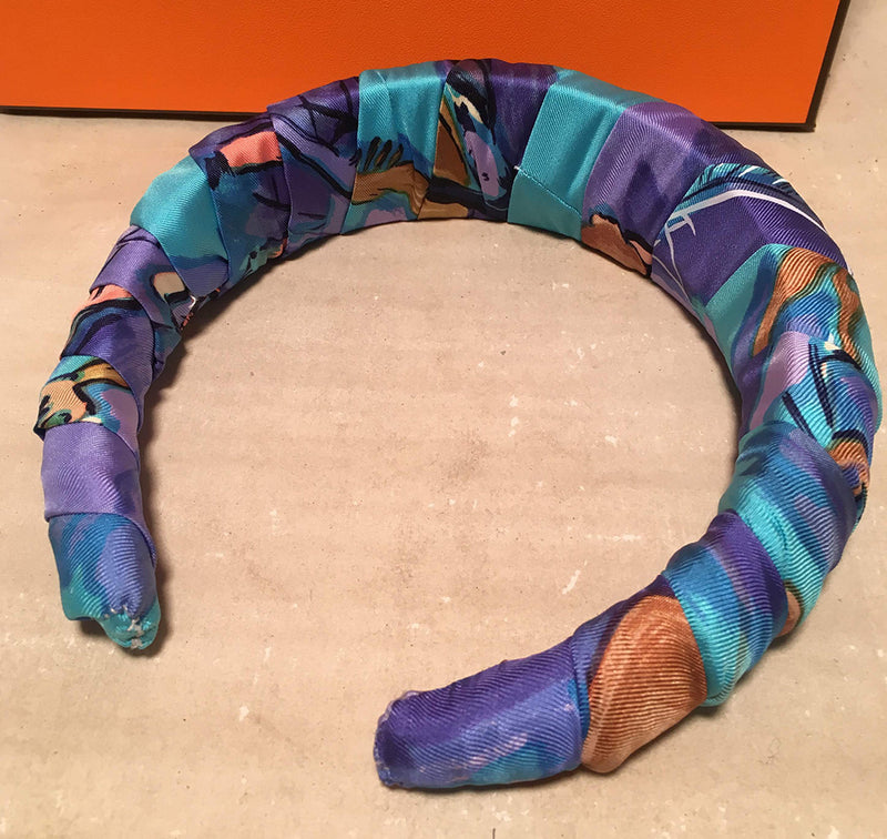 Hermes Handmade Vintage Blue Concerto Silk Scarf Wrapped Padded Headband Crown
