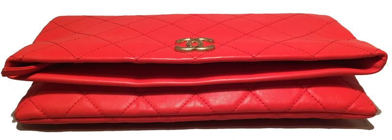 Chanel Red Quilted Leather CC Fold Over Clutch