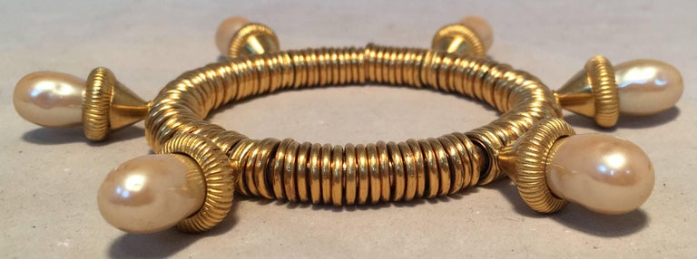 Vintage Kenneth Jay Lane Gold Wire Wrapped Pearl Drop Bangle Bracelet