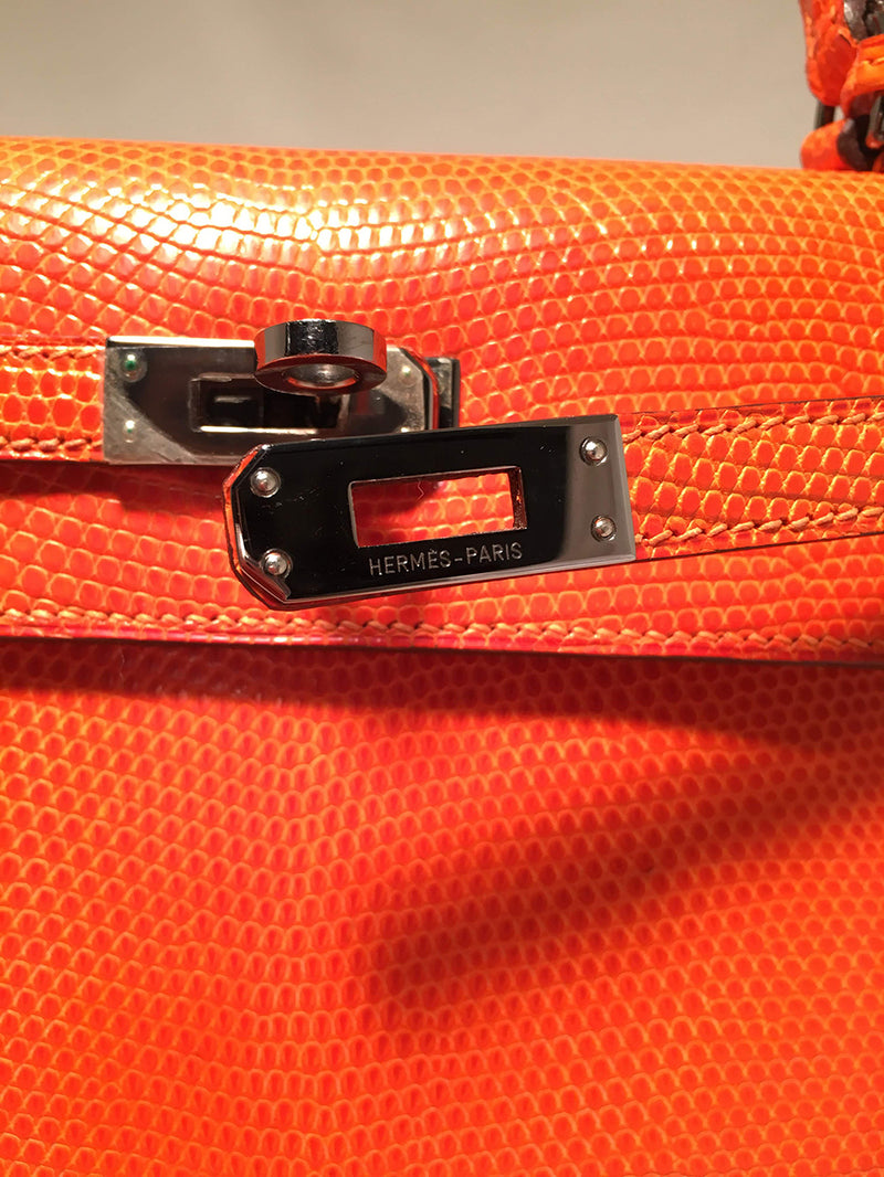 Hermes Tangerine Orange Shiny Niloticus Lizard Leather Kelly 25cm Sellier
