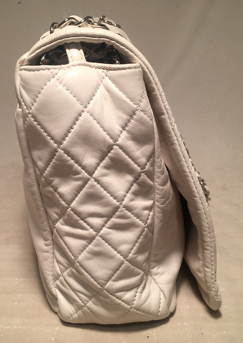 Chanel White Leather Quilted CC logo XL Maxi Classic Top Flap Shoulder Bag