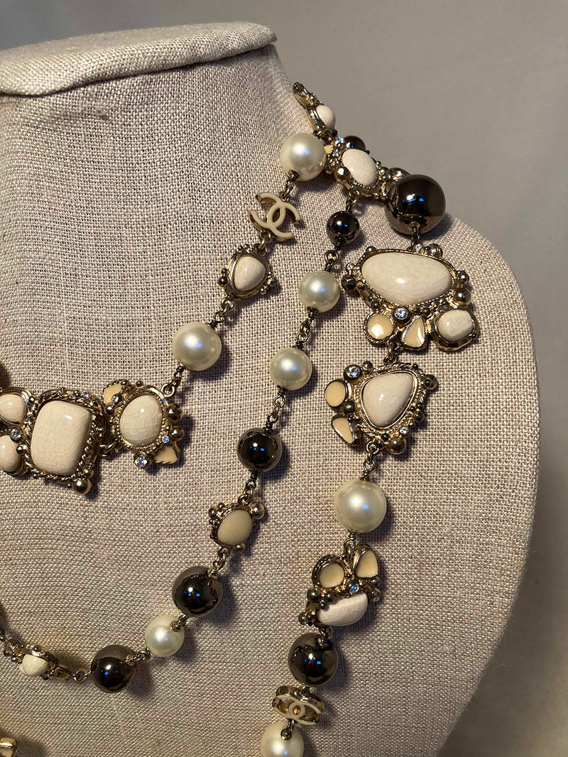 Vintage Chanel Faux Pearl and Bevel Clear Crystal Wrap Necklace
