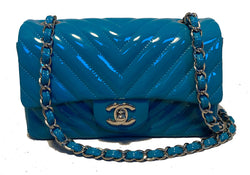 #2 Chanel Teal Chevron Quilted Patent Leather Mini Classic Flap