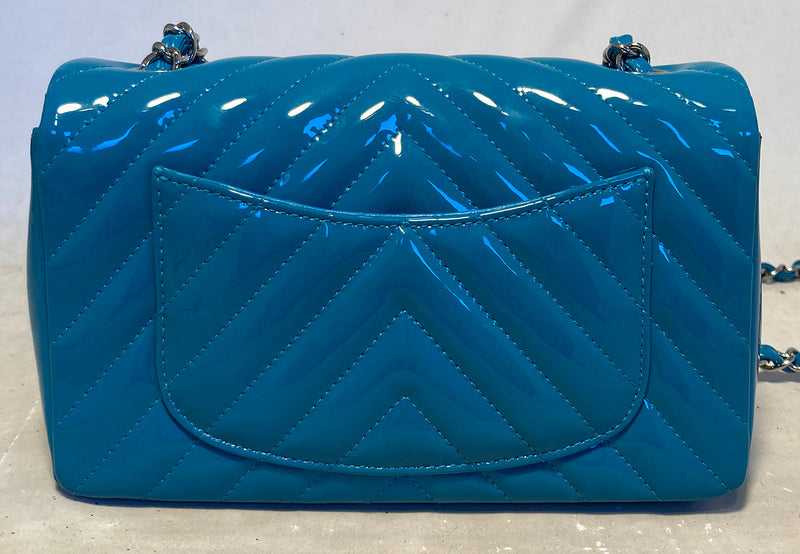 #2 Chanel Teal Chevron Quilted Patent Leather Mini Classic Flap