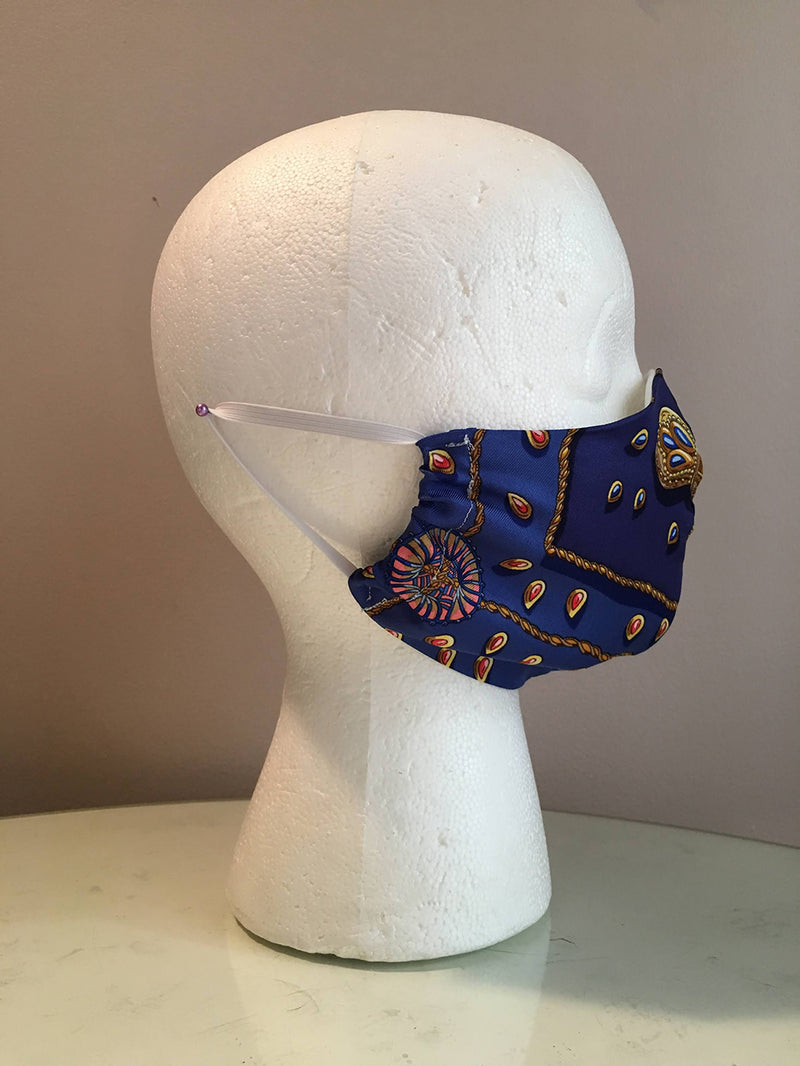 Hermes Handmade Blue Tresors Retrouves Silk Scarf Face Mask
