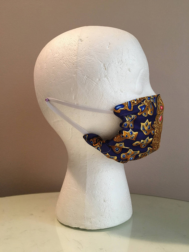 Hermes Handmade Blue Tresors Retrouves Silk Scarf Surgical Style Face Mask