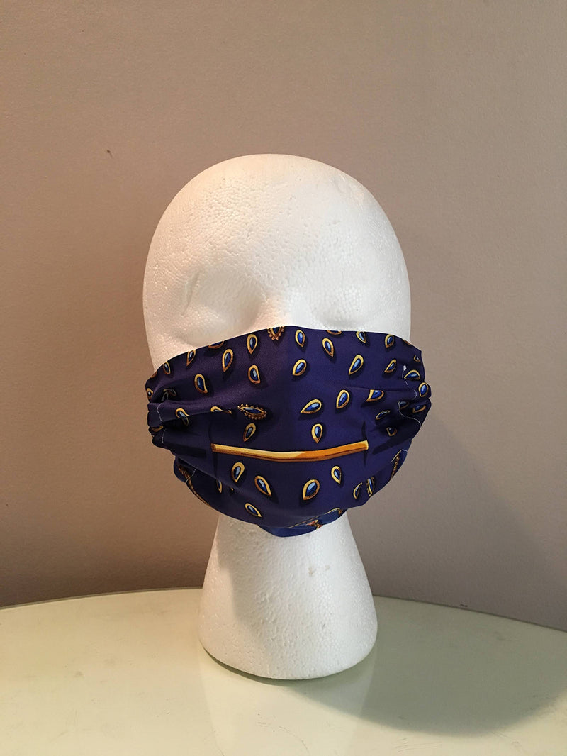 Hermes Handmade Blue Tresors Retrouves Silk Scarf Surgical Face Mask