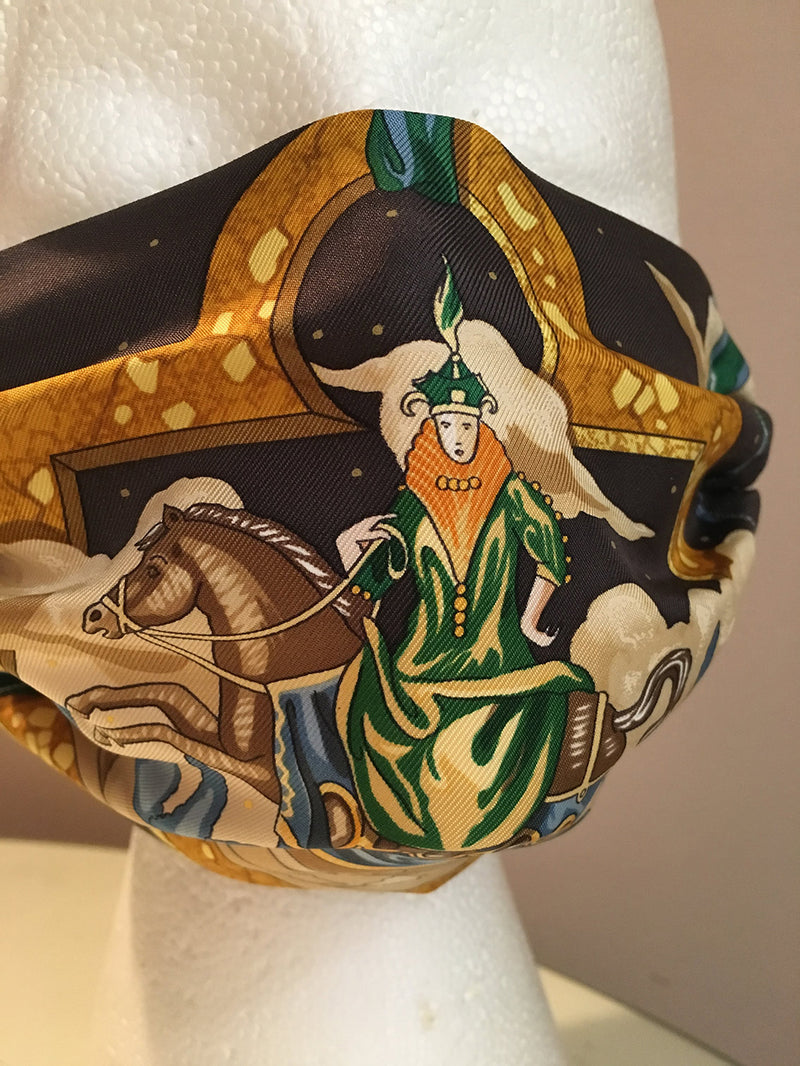 Hermes Vintage Handmade Cavaliers Des Nuages Silk Scarf Face Mask