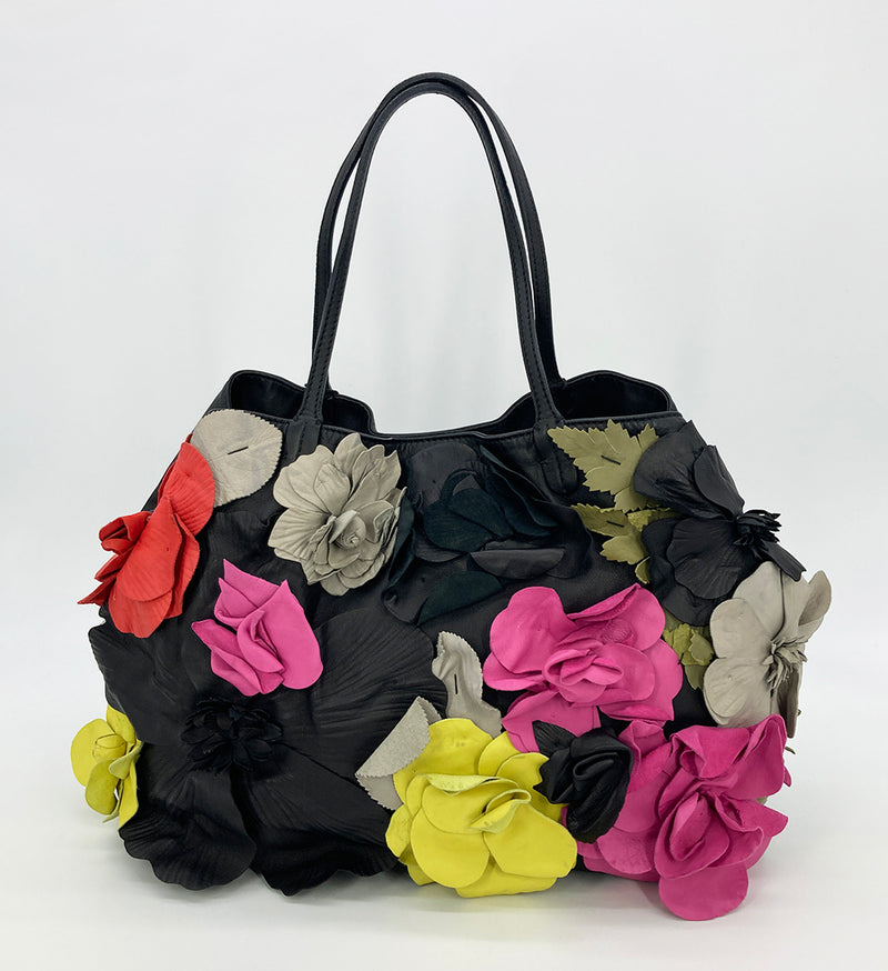 Valentino Grey Leather Floral Applique Tote For Sale at 1stDibs