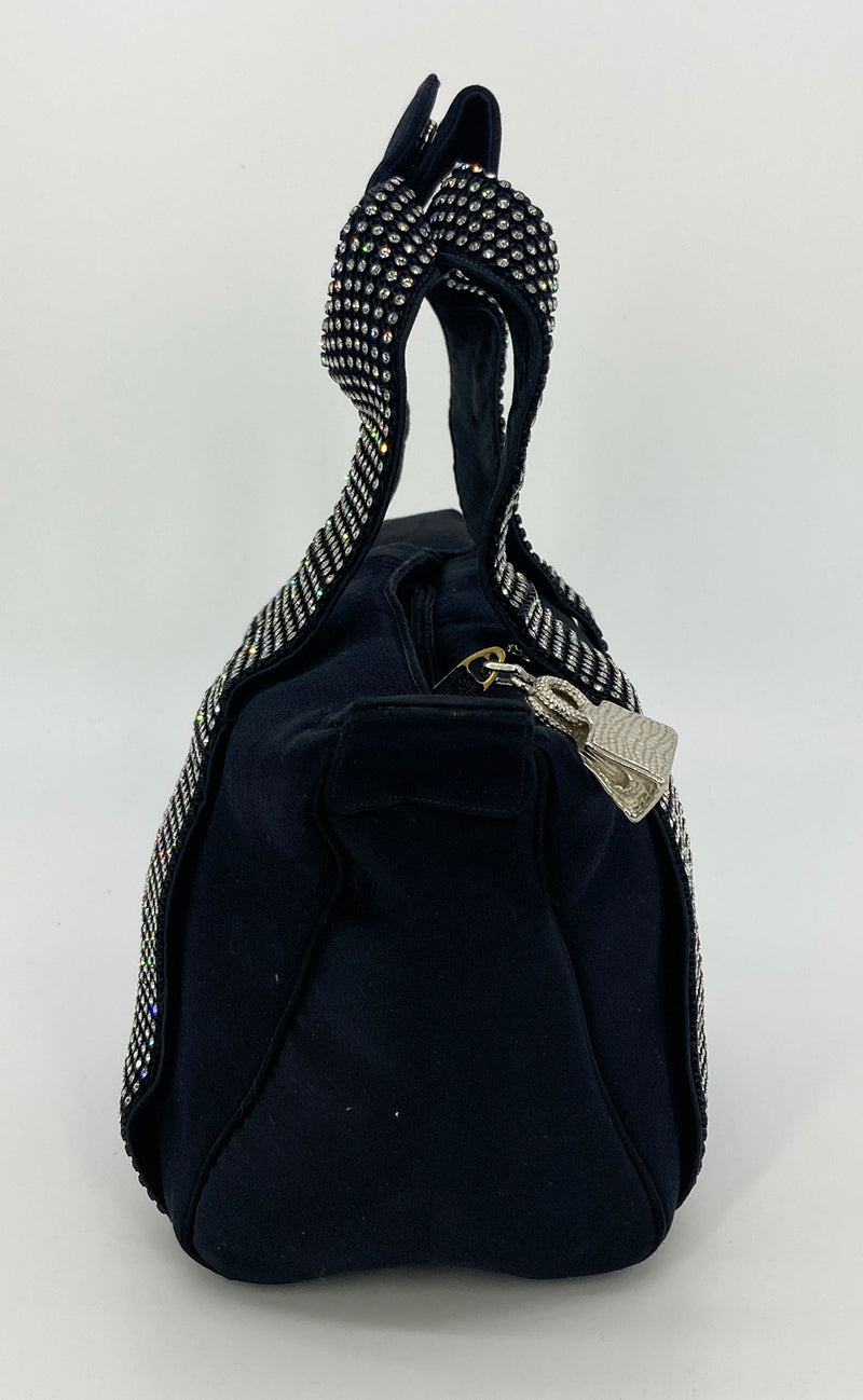 Vintage Judith Leiber Black Silk Crystal Handle Evening Bag
