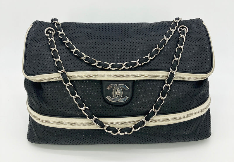 Chanel CC Logo Black Perforated Tote Bag Chain Handle - clothing