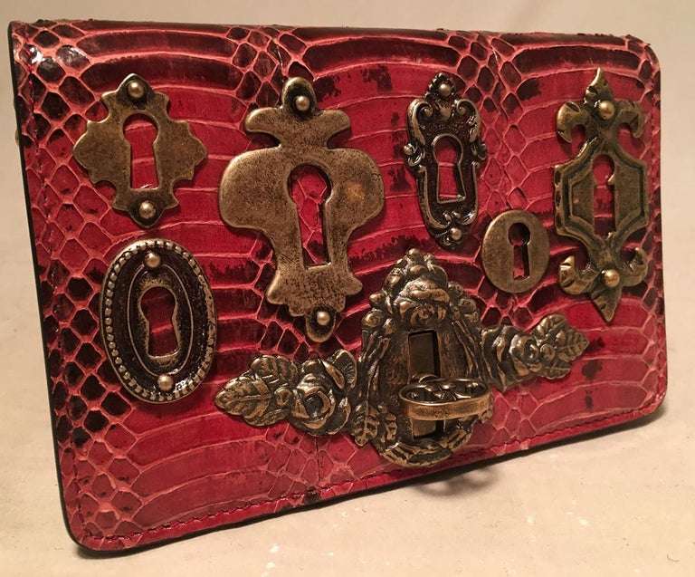 Dolce and Gabbana Maroon Snakeskin Keyhole Clutch Bag