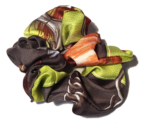 Hermes Handmade Projets Carres Silk Scarf Scrunchie in Green