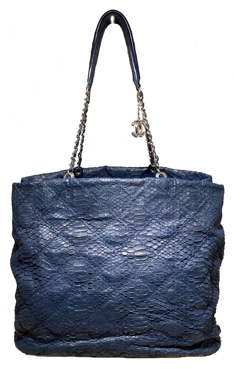 Chanel Navy Blue Quilted Matte Snakeskin Tote