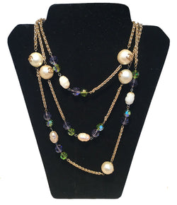 Chanel Vintage Large Pearls and Green and Purple Crystal Bead Gold