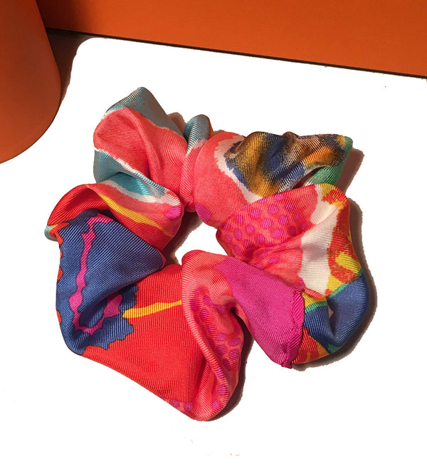 Christian Lacroix Handmade Vintage Baby Silk Scarf Scrunchie in Pink Multicolor Watercolor Print
