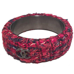 Chanel Red Tweed and Steel Bangle Bracelet