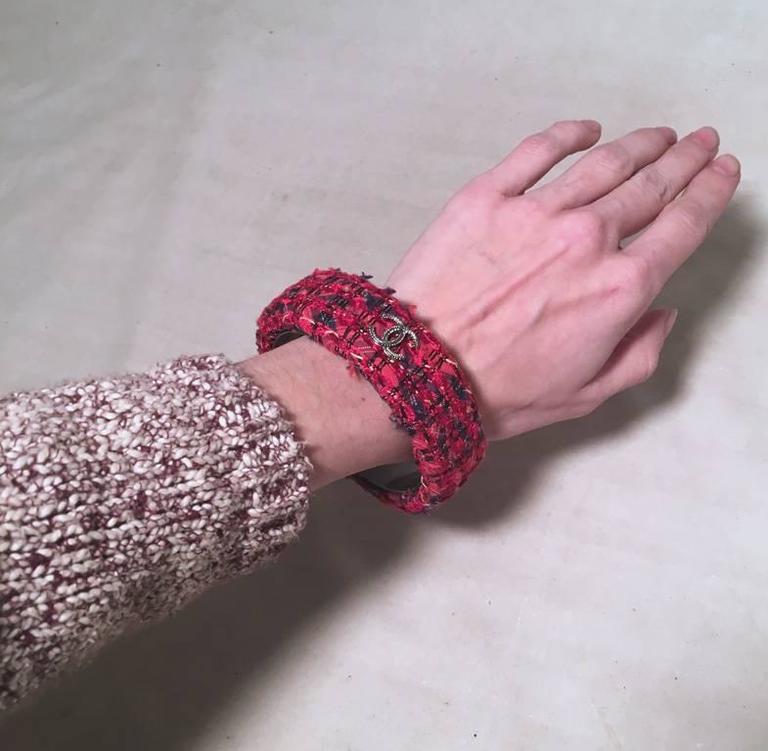 Chanel Red Tweed and Steel Bangle Bracelet