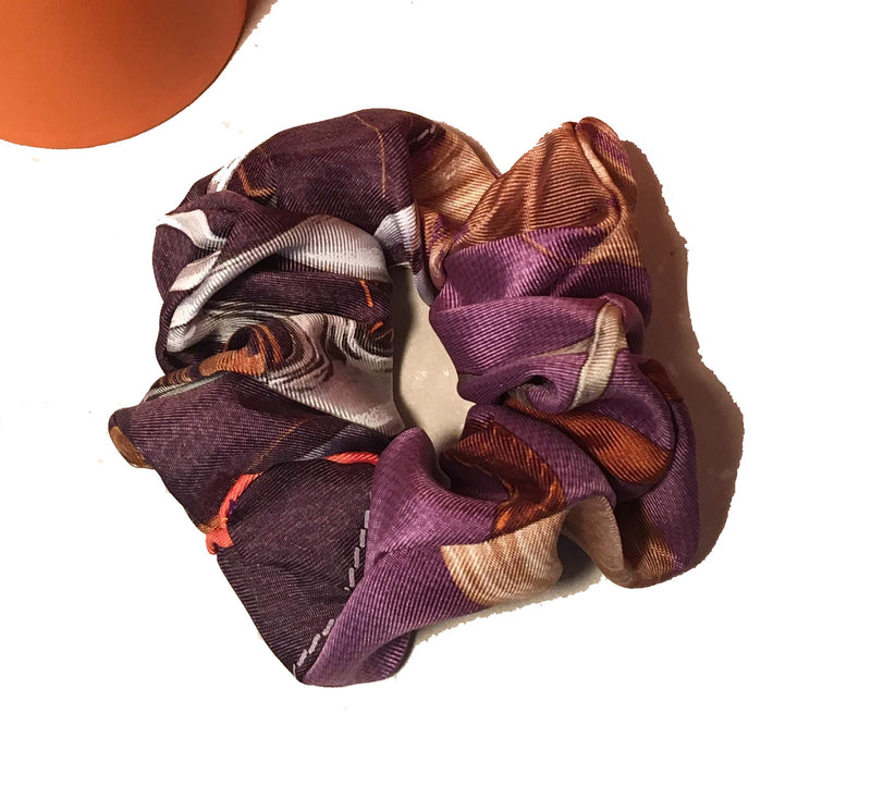 Vintage Hermes Handmade Projets Carres Silk Scarf Scrunchie in Purple