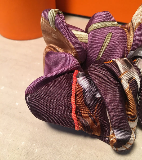 Vintage Hermes Handmade Projets Carres Silk Scarf Scrunchie in Purple