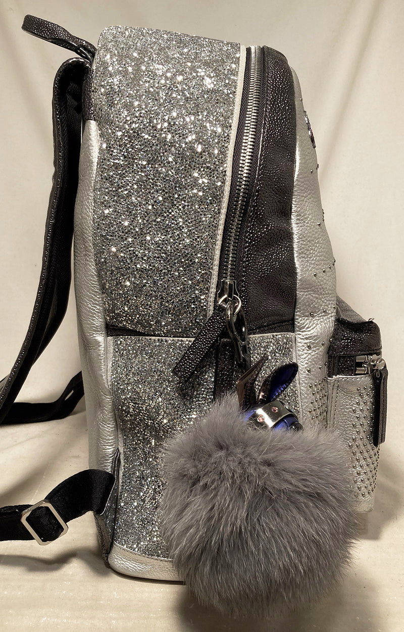 MCM Special Edition Silver Leather Swarovski Crystal Backpack with Rabbit Charm