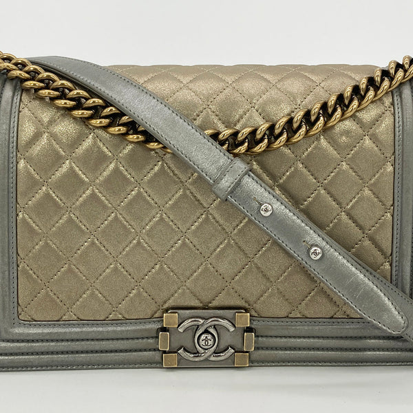 Chanel Gold Silver Leather Medium Boy Bag Classic Flap – Ladybag  International