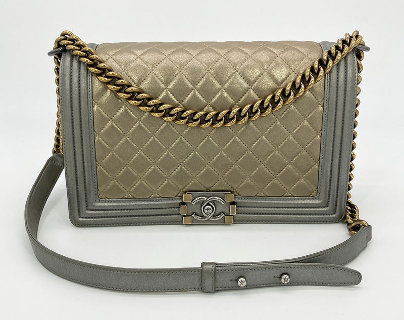 Chanel Gold Silver Leather Medium Boy Bag Classic Flap – Ladybag  International