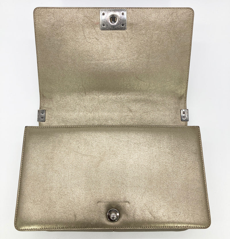Chanel Gold Silver Leather Medium Boy Bag Classic Flap