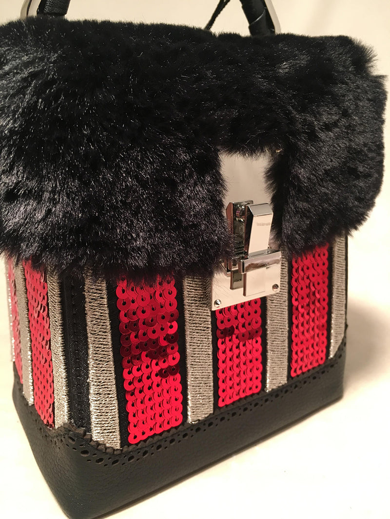 NWT The Volon Red Sequin & Black Fur Great Box Bag