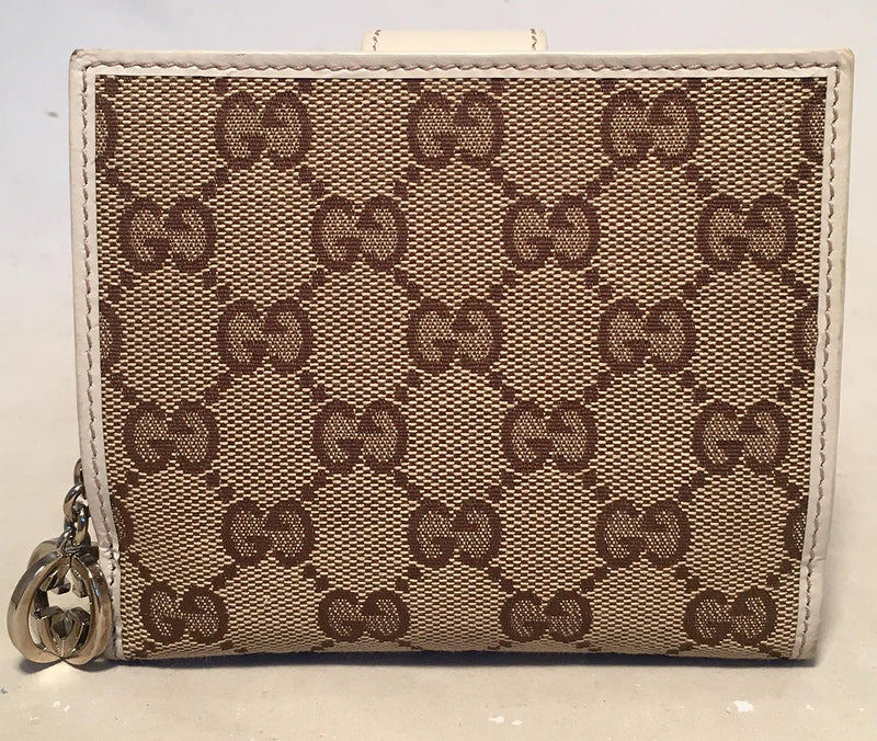 Gucci GG Monogram and Beige Leather Wallet with Zip Pocket and Box