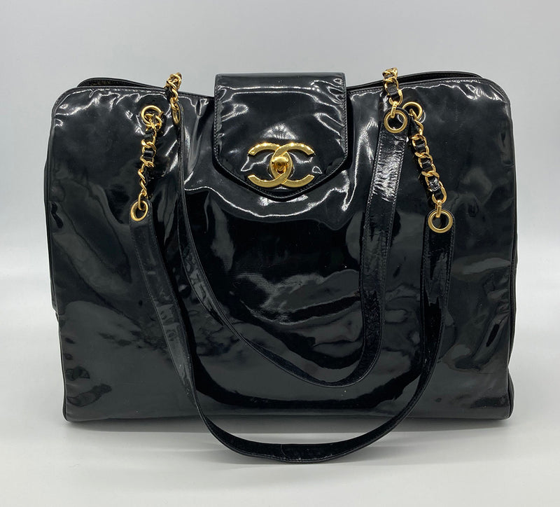 chanel black xl jumbo weekender overnighter travel tote bag Vintage Chanel Black Patent XL Weekender Super Model Tote – Ladybag International