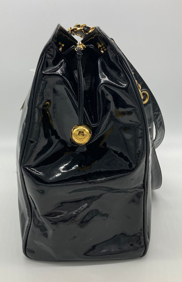 Vintage Chanel Black Patent XL Weekender Super Model Tote