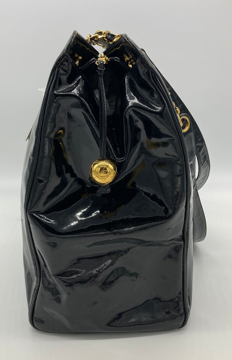 chanel black xl jumbo weekender overnighter travel tote bag Vintage Chanel Black Patent XL Weekender Super Model Tote – Ladybag International
