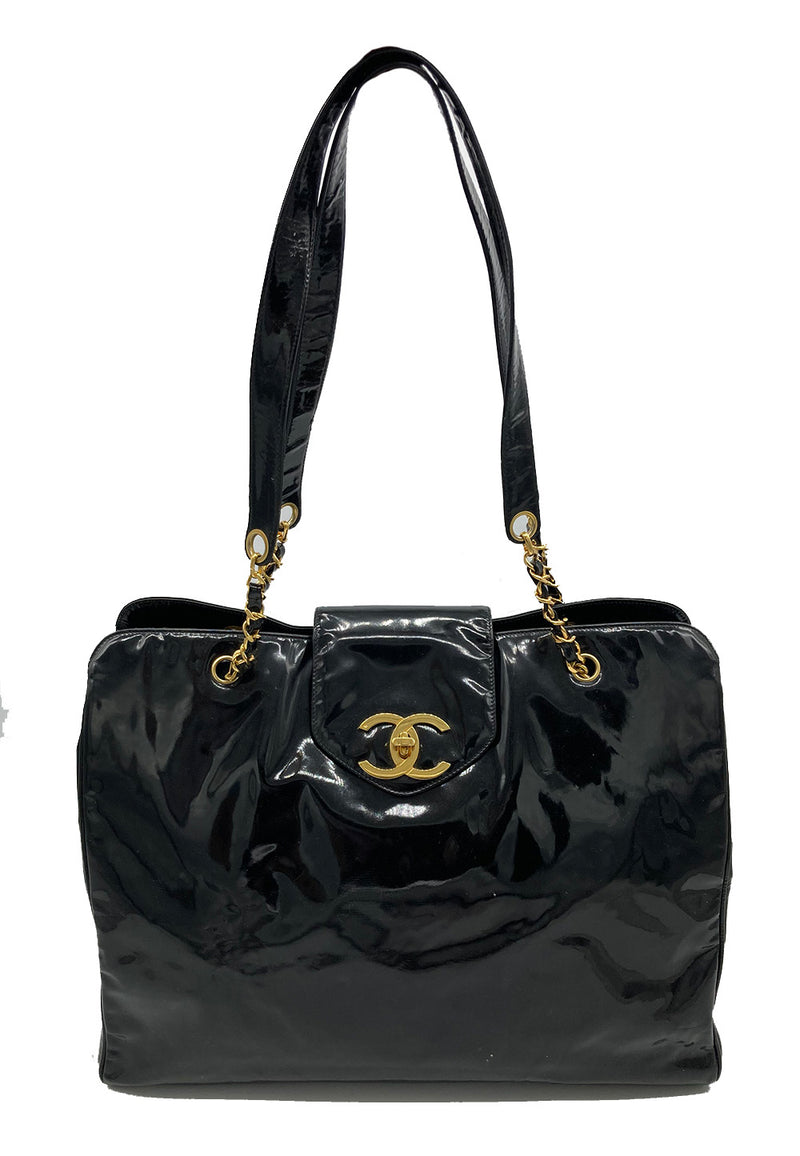 chanel black xl jumbo weekender overnighter travel tote bag Vintage Chanel Black Patent XL Weekender Super Model Tote – Ladybag International