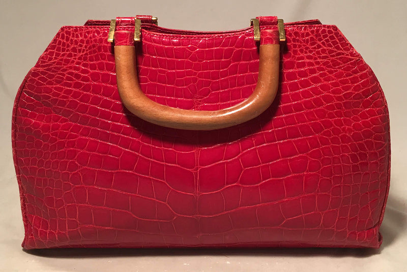 Lana Marks Red Crocodile Wood Handle Handbag