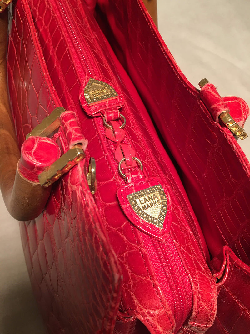Lana Marks Red Crocodile Wood Handle Handbag