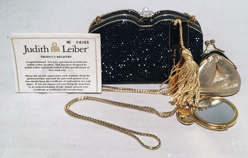 Judith Leiber Black Swarovski Crystal Minaudiere Evening Bag Clutch