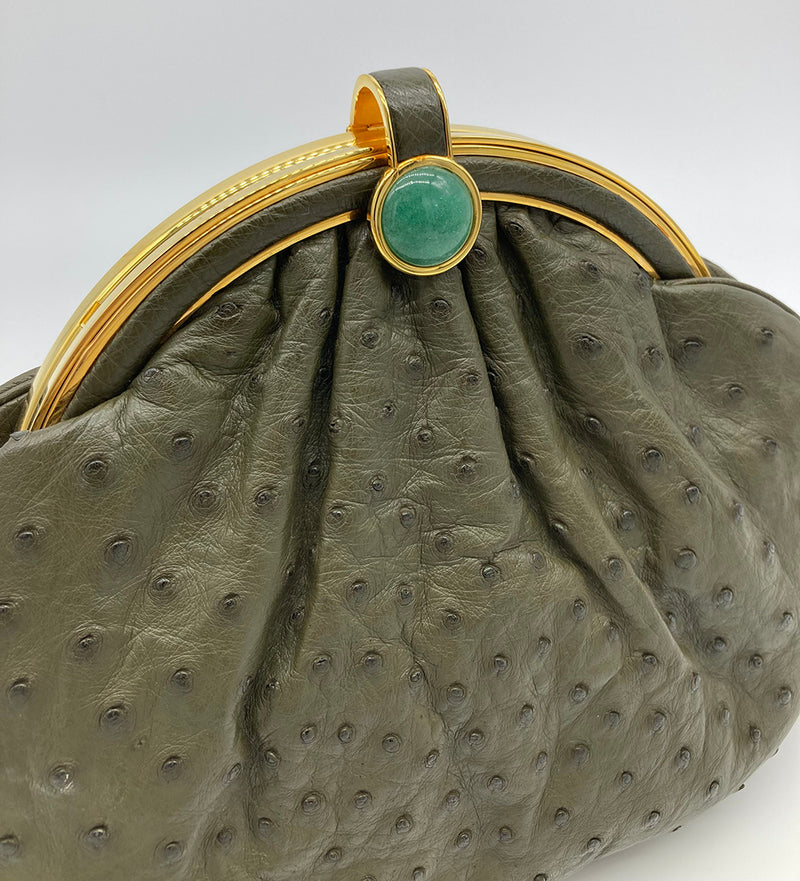Vintage Judith Leiber Tan Ostrich Kelly Lock Handbag